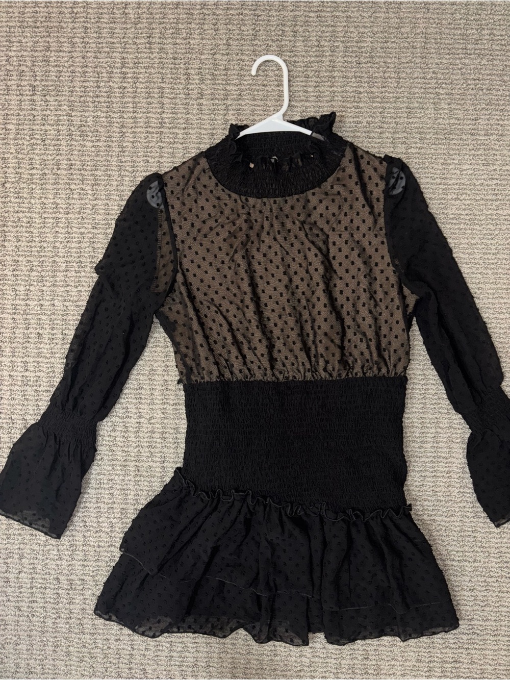 Women’s Black Swiss Dot Long Sleeve Ruffle Dress - Size XL